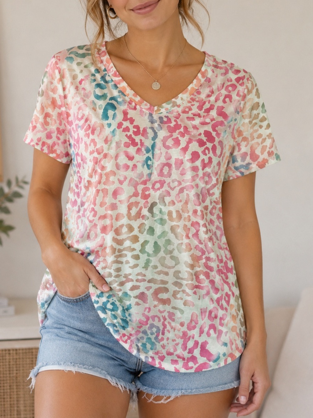 NWT Double Take Multicolor Leopard Print Short Sleeve Summer Top | Size M